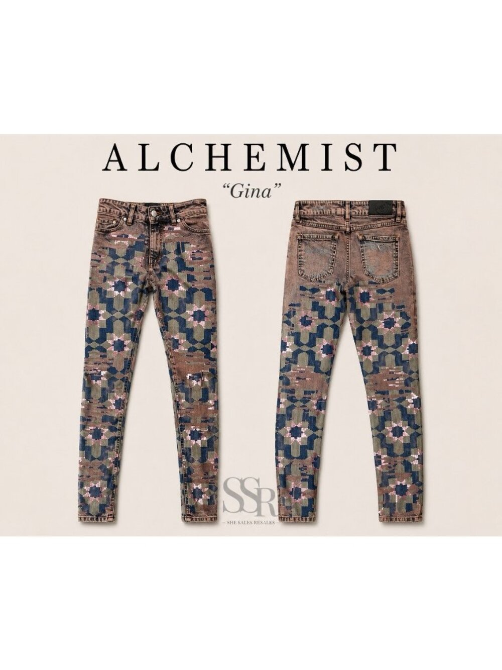 Alchemist Gina Skinny Jeans Sequin Camo Pink Brown Distressed Zip Ankle Italy 27